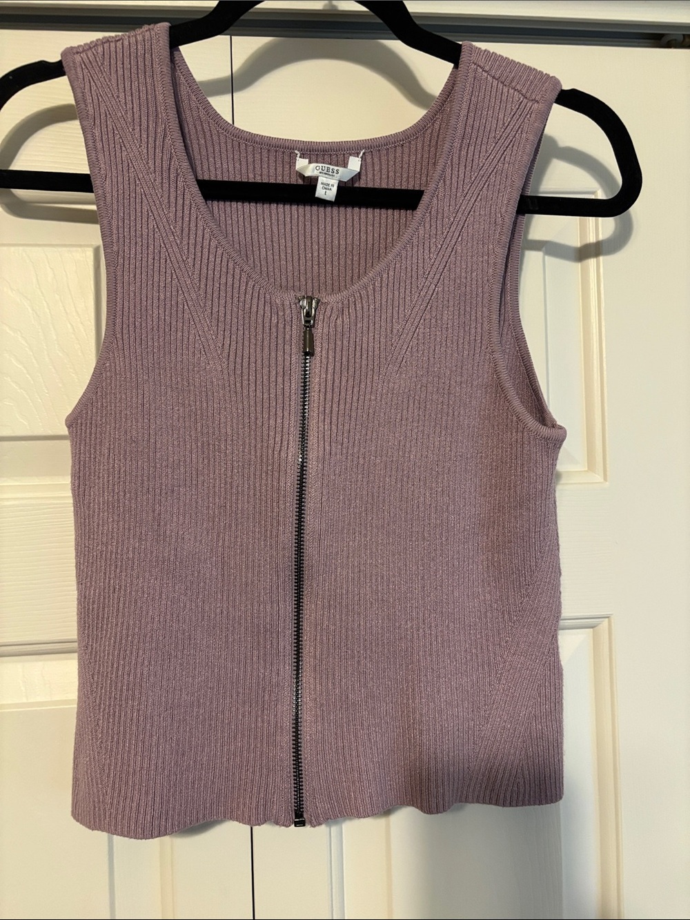 Guess Lavender Ribbed Zip-Front Knit Tank Top